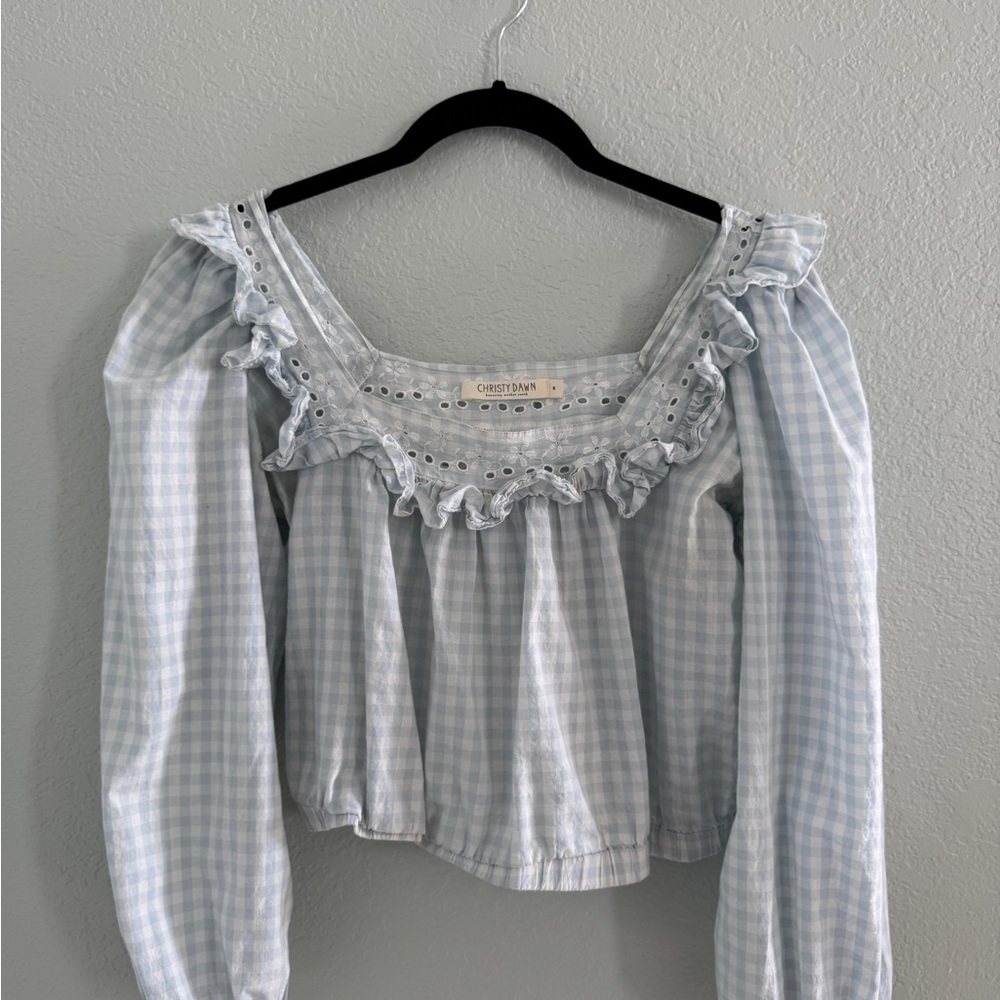Christy Dawn Gingham Ruffle Off‑Shoulder Top • Sustainable Cotton • Size S